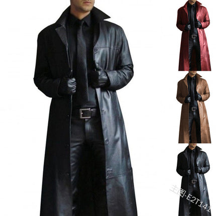 In Stock 2025 New Men's Lapel Color Trench Coat Style Slim Leather Long Pu Leather Jacket Men's Jacket