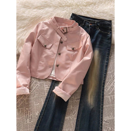 Hong Kong Style Retro suit American Style Design Short Pink Motorcycle Leather Jacket Women's Three-Piece Jeans Set