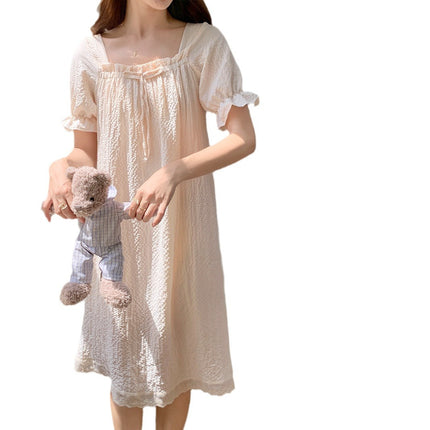 2024 Summer New Style Pajamas with Chest Pad Women's Bubble Cotton Short-Sleeved Nightgown Home Wear Sweet and Cute Outer Wear