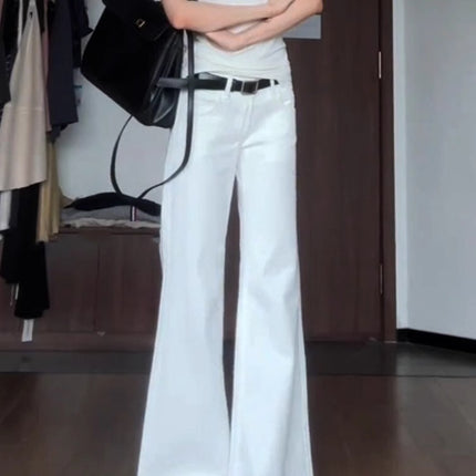 White Low-Rise Flared Jeans for Women 2025 Autumn New Petite Slimming Bell-Bottom Floor-Length Pants