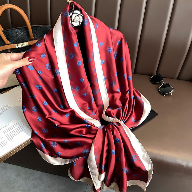 Korean style Small Three Tea Flower thin outer sunscreen shawl brocade satin scarf travel beach towel artificial silk scarf