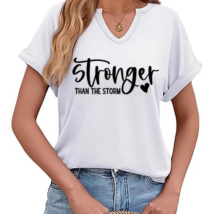 Amazon Cross-Border Spring and Summer New Product V-Neck Rolled Sleeves Stronger Than the Storm Letter Print