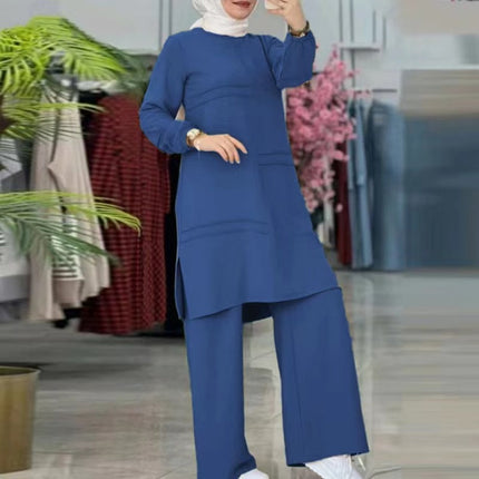 2024 Women's Two-Piece Sportswear Set: Elegant Solid Color Long-Sleeve Shirt and Wide-Leg Pants Set