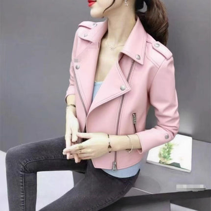 2025 Women's Leather Jacket Autumn Korean Style Slim Fit Motorcycle Pu Leather Casual Versatile Jacket