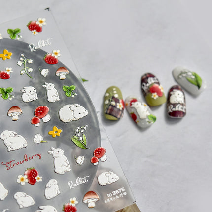 Popular Furry Rabbit Mushroom Strawberry Nail Art Stickers Tomoni Embossed Thin Tough Nail Stickers Nail Art Accessories