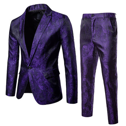 2023 Foreign Trade Spring and Autumn New Men's Glossy Dark Pattern Suit Nightclub Single-Button Men's Lapel Suit Set Wholesale