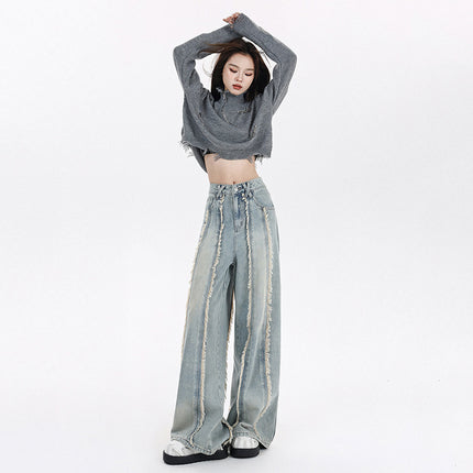 187 New 2025 Spring Jeans Women's Rust-edge Design Wide-leg Slightly-fit Straight Pants