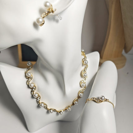 Factory Direct batch cross-border European and American Foreign trade new S-shaped alloy pearl necklace earrings Women's Light luxury niche clavicle chain