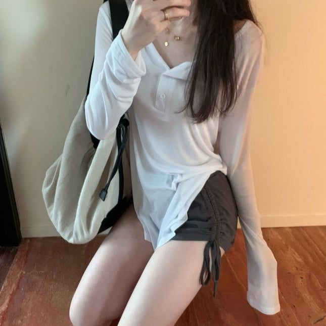 Pure Desire Style Long-sleeved Sunscreen Shirt Summer New Loose V-neck Thin Top Casual Sports Shorts Two-piece Suit for Women