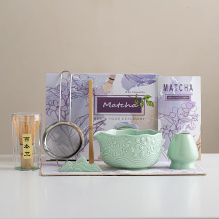 Directly Supplied from the Manufacturer, Exclusively for Cross-Border Trade, Ceramic Matcha Bowl Set with Embossed Cherry Blossom Design, 7-Piece Set with Spout, High Aesthetic Value, Color Box Packaging