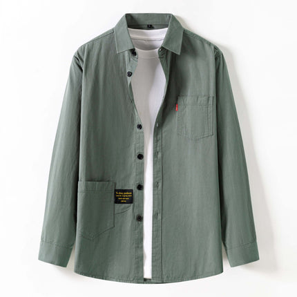 Spring and Autum New Pure Cotton Long-Sleeved Shirt Men's Hong Kong Style Casual Workwear Cotton Shirt Jacket Loose Men's Trendy Clothing
