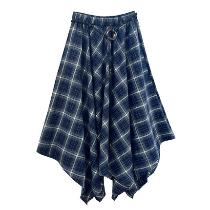 Retro Asymmetrical Plaid Brushed Skirt for Women Autumn and Winter 2025 New Design High-Waisted A-Line Long Skirt