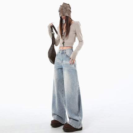 Light Blue Women's Jeans Autumn New American Design Loose Slimming Drapey Lazy Floor-Length Wide-Leg Pants