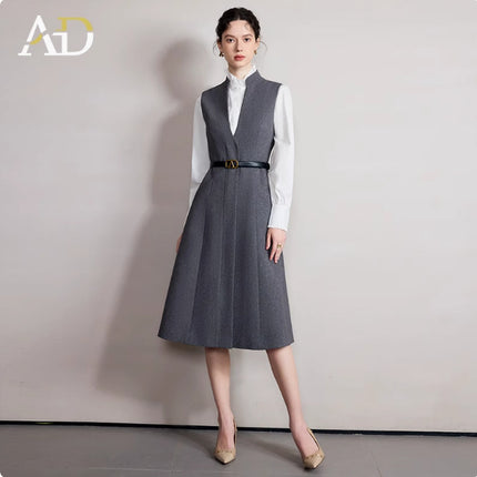 Spring and Autumn Fashion Design Sense Professional Suit dress High-grade Grey Small Vertical Collar Slim Vall Sleeveless dress