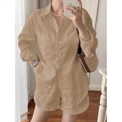 Single Piece/Complete Set Amazon Cross-Border New Set Cotton and Linen Shirt Shorts Casual Two-Piece Set Wholesale
