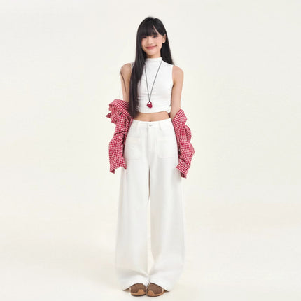 High Waist Pocket Design Loose Slim Wide Leg Pants Women's All-match Straight Tube Dipped 2025 New Spring Festival Jeans