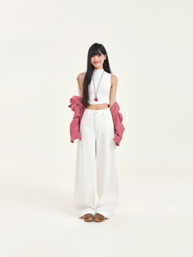 High Waist Pocket Design Loose Slim Wide Leg Pants Women's All-match Straight Tube Dipped 2025 New Spring Festival Jeans
