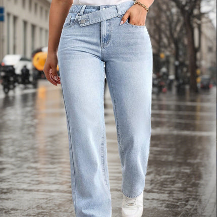 [Cross-Border Hot Style] Blue Women's Casual Light Blue Washed Overlapping Waist Loose Straight Jeans Now