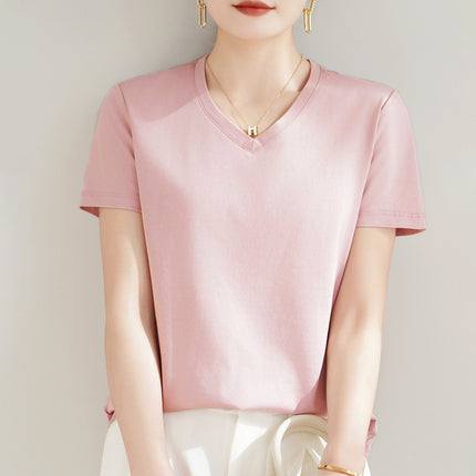 100 mercerized cotton short-sleeved T-shirt women's 2025 summer new V-neck cotton pullover vest cool feeling ice silk base
