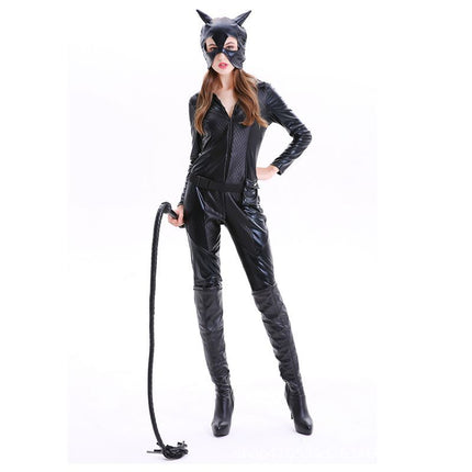 One-Piece Catwoman Halloween Party Patent Leather Catwoman Nightclub Cosplay Costume Black Tight Game Suit