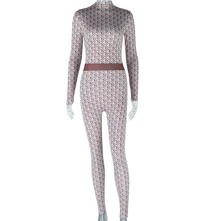 European and American Foreign Trade women's clothing fashion printed Street round neck long-sleeved trousers body pants fitness jumpsuit women's one-piece delivery