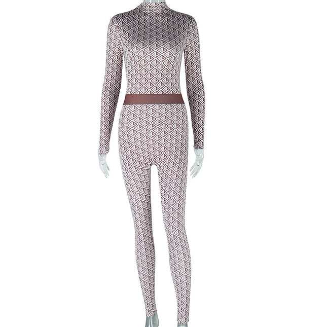 European and American Foreign Trade women's clothing fashion printed Street round neck long-sleeved trousers body pants fitness jumpsuit women's one-piece delivery