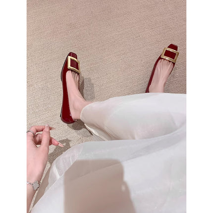 wine red Square Buckle Single-layer Shoes Women's Thick Heel Square Toe High Heel Stiletto Feet High-end French Elegant Flat Shoes