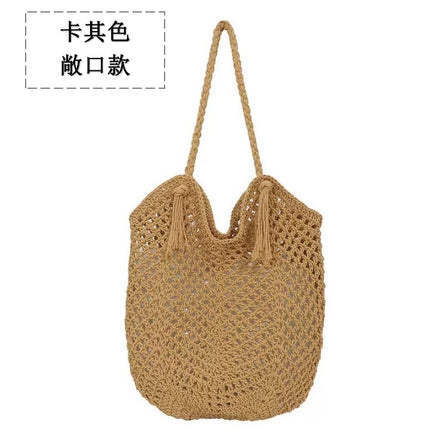 New Style Cotton Straw Woven Bag Women's Bag Tassel Hand Woven Bag Large Capacity Tote Bag Holiday Beach Bag for Women