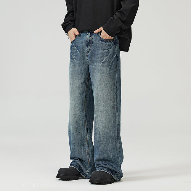 LKTM Men's# American vibe Lightning Crack Blue Jeans Men's cleanfit Slightly Slim Pants