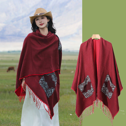 Xinjiang Xizang Travel Photo Split Pocket Ethnic Scarf Women's Dual-use Warm Outer Cape Cape Shawl