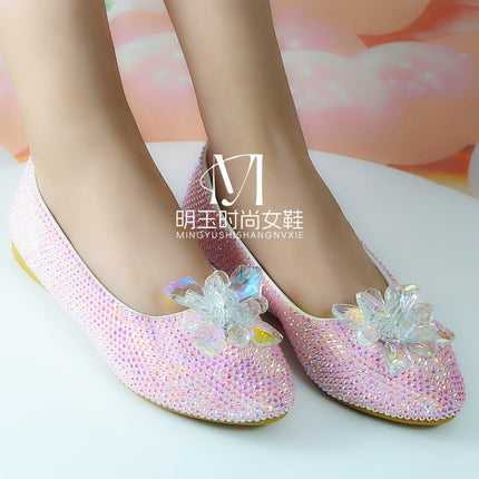 Flat Crystal Shoes with Round Toe, Handmade Pink Jelly Diamond Glass Flower Design, Casual Shopping Wedding Shoes, Women's Single Shoes