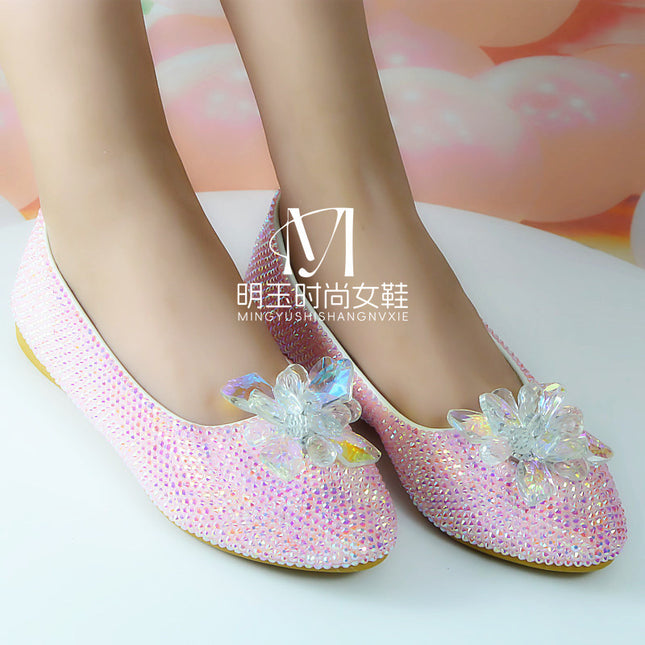 Flat Crystal Shoes with Round Toe, Handmade Pink Jelly Diamond Glass Flower Design, Casual Shopping Wedding Shoes, Women's Single Shoes
