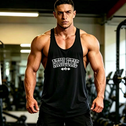 Summer Men's Vest Thin Strap Sports European and American Bodybuilding Fitness T-shirt Printed logo Waistle I-Shoulder Loose Men