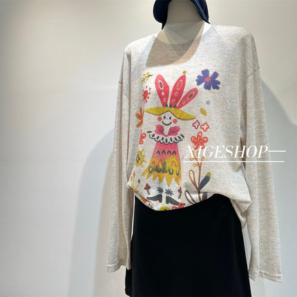 Colorful Yarn Clown Garden Print Long-Sleeved T-Shirt for Women in Autum with Interesting Design, Loose Age-Reducing Casual Tops and T-Shirts