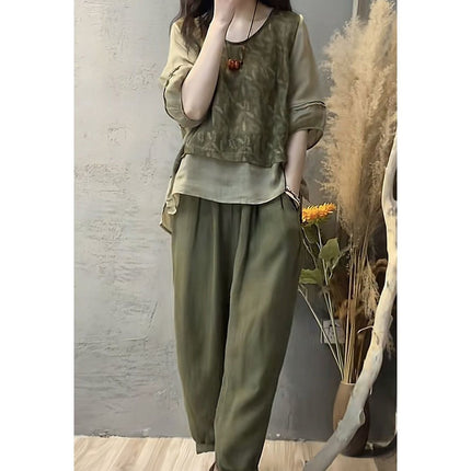 Trendy Summer New Women's Cotton and Linen Set: V-Neck Top to Cover Belly and Slimming Harem Pants Two-Piece Set