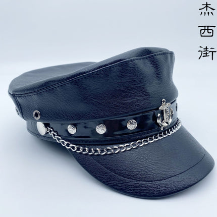 Y2K Spice Girl PU Leather Flat Top Beret Women's All-match Retro British Style Black Navy Hat for Face