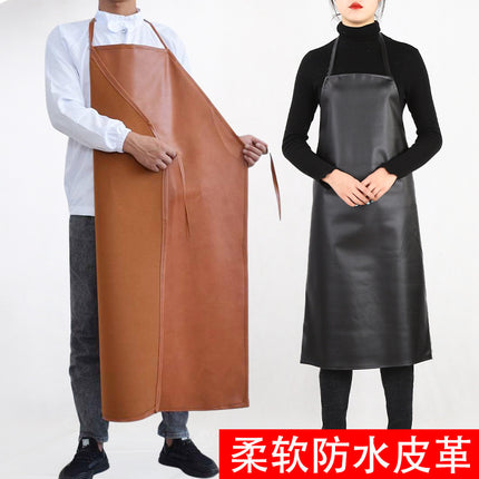 Leather Waterproof Apron Oil-proof Kitchen Neck PU Household Adult Barbecue Leather Bib for Men and Women Lengthened Thickened Bib