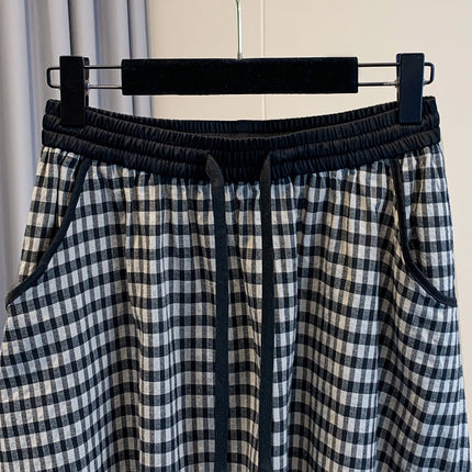 Real Shot of 2025 Summer New Products Loose Retro Slim Plaid Lace-Up Elastic Waist Casual Versatile Skirt for Women