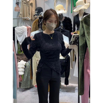 Round Neck Design Brushed Heart Lace Long-Sleeved T-Shirt Women's Bottoming Shirt Slimming Look Asymmetrical Pleated Top