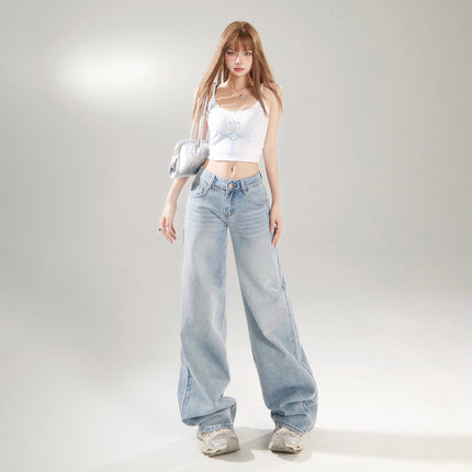 light blue Low-rise Spice Girl Wide Leg Jeans Women's Spring and Summer 2025 New Retro Loose All-match Straight Pants