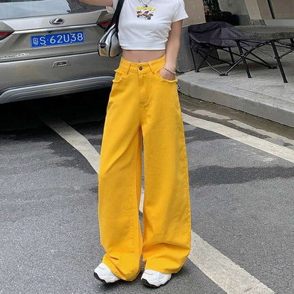 Wholesale Dropshipping Trendy Spring Lemon Yellow Casual Women's Straight Loose Wide-Leg Floor-Length Lazy Style Jeans