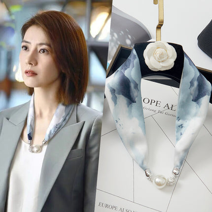 2026 New Magnetic Buckle Small Silk Scarf with Geometric Patterns and Rhinestones, Magnetic Necklace Scarf, Women's Hairband Scarf
