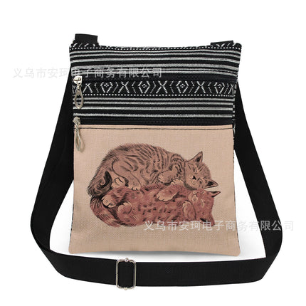 Cross-Border New Product Double Zipper Cat Print Single Shoulder Crossbody Bag Ultra-Light Cross-Border Style Messenger Bag Fashionable and Cute Women's Bag