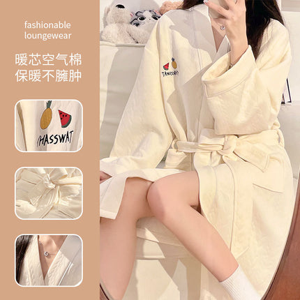 Nightgown Autumn and Winter Women's Long-Sleeved Air Quilted Thin Home Clothes Bathrobe Air Cotton Mid-Length Dressing Gown Bath Towel