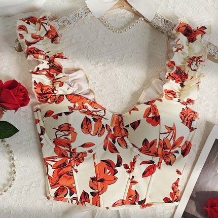 Cross-border European and American Summer Explosions Floral Bow Sling Top Sweet Sexy Printed French Corset Vest