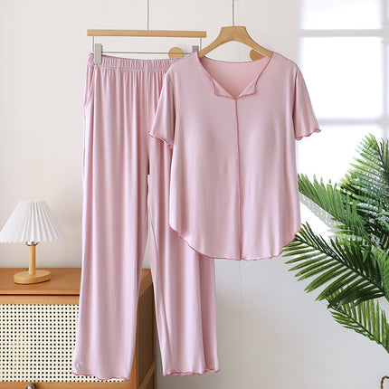 Ruffled Pajamas for Women Summer Thin Modal Short-Sleeved Pants Casual with Chest Pads Can Be Worn Outside Home Clothes Set