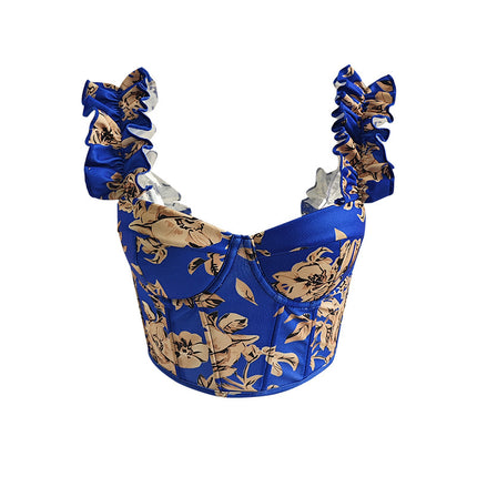 Cross-border European and American Summer Explosions Floral Bow Sling Top Sweet Sexy Printed French Corset Vest