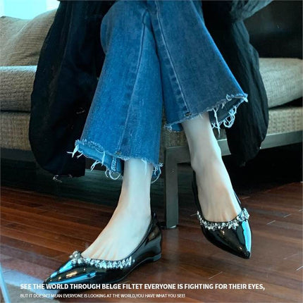 Sheepskin New French Style Evening Style Rhinestone Pointed Toe Flat Shoes for Women Shallow Mouth Inner Shoes Commuting Soft Sole Women's Shoes