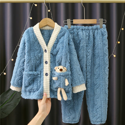 2023 New flannel pajamas men's autumn and winter warm coral fleece suit factory wholesale warm home wear