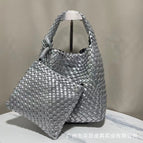 Bright silver + woven bag + leather shoulder strap
